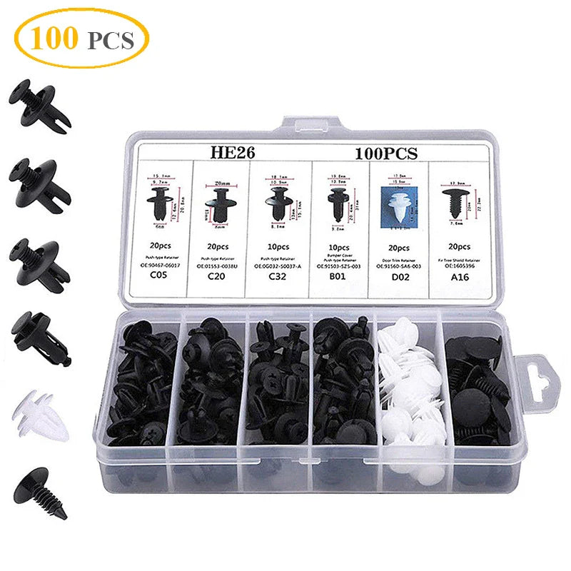 Set of 100 Eliteridegear car plastic clips and fastener screws for body, bumper, and interior panel repair and decoration.