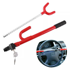Eliteridegear anti-theft steering wheel lock securing vehicle steering wheel with sturdy metal construction.