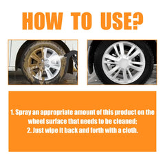 Rayhong 120ml car tire cleaner from Eliteridegear showing a clean tire surface with rust removal and maintenance application.