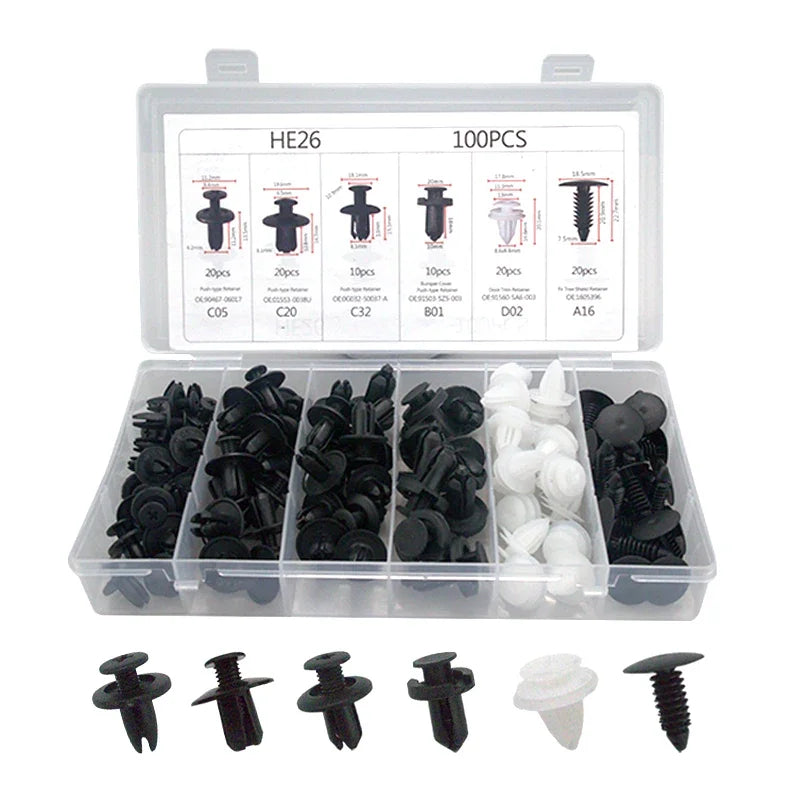 Set of 100 Eliteridegear auto fastener clips, including fender rivet and push retainers for car body, bumper, and door trim.