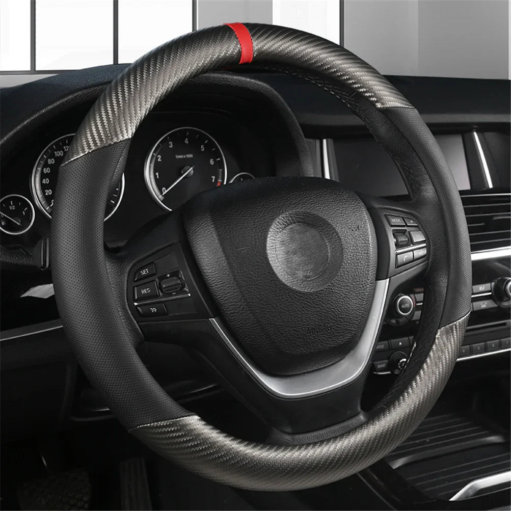 Eliteridegear carbon fiber leather steering wheel cover with breathable, non-slip interior for enhanced grip and style.