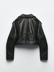 Ailegogo women's faux PU leather short jacket with belt, zipper lapel, motorcycle style, suitable for spring and autumn.