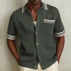 Casual hollow-out knitted men's vintage shirt with pockets, featuring a relaxed fit and textured fabric, by Adistore.