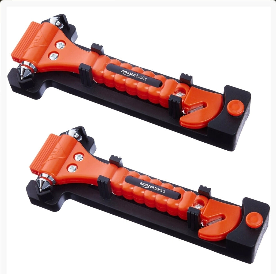 Amazon Basics emergency seat belt cutter and window hammer in a 2-pack, featuring compact safety tools by Eliteridegear.
