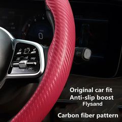 Universal steering wheel cover by Eliteridegear with ultra-thin carbon fiber design and anti-slip pattern on a car wheel