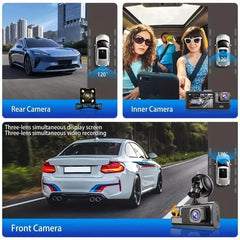 Eliteridegear 3-lens car recorder with front and rear cameras, 1080P video, night vision, WiFi, and included memory card.