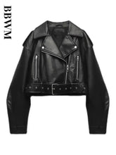 Eliteridegear women's oversized vintage faux leather short jacket with belt, zipper, and moto biker style, streetwear outerwear.