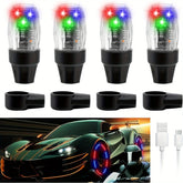 Colorful LED tire valve stem cap lights on car wheels, flashing decorative lights for automotive style by Eliteridegear.