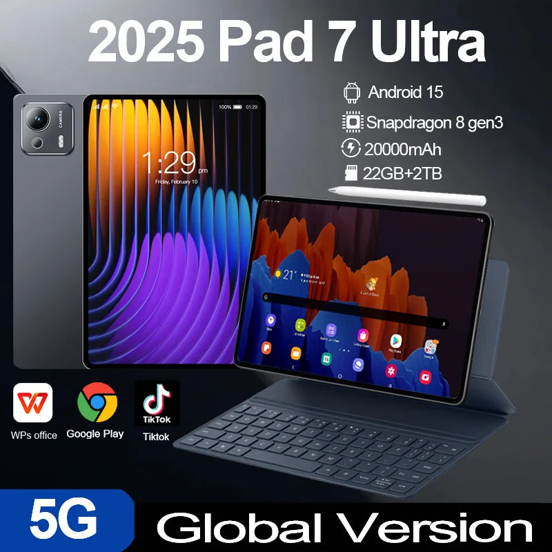 Adistore Pad 7 Ultra tablet with 22GB RAM, 2TB storage, 5G connectivity, Snapdragon Gen3 processor, Android 15 screen display