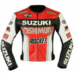 Suzuki GSXR orange and white motorcycle racing jacket by DAMOTOGEAR, featuring protective padding and sporty design.