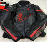 Red and black Suzuki Hayabusa motorcycle jacket by DAMOTOGEAR with protective armor and stylish design.