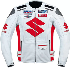 Suzuki Motorcycle Racing White And Red Leather Jacket
