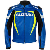 Suzuki motorcycle leather jacket by DAMOTOGEAR with protective padding, black design, and adjustable collar for motorcycle riding.