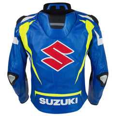 Suzuki motorcycle leather jacket by DAMOTOGEAR with rugged design, featuring black leather with protective padding and zipper details.