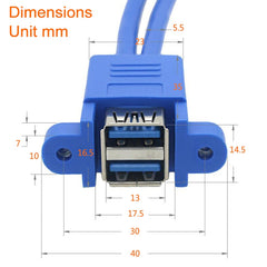 Motherboard 20pin Turn Double USB3.0 Extension Cable with Ear Baffle Cable, Blue