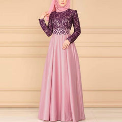 Lace Stitching Retro Large Swing Dress Ethnic Style Long-Sleeved Slim Dress, S, M, L, XL