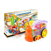 Puzzle Domino Car Electric Train With Sound And Light Music Automatic Licensing Electric Car Toy, Transparent, Yellow Bee, White Cow