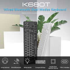 Ajazz K680T Mini USB Wired Dual-mode Charging 68-keys Laptop Bluetooth Mechanical Keyboard, Cable Length: 1.6m, Green Shaft, Black Shaft, Tea Shaft