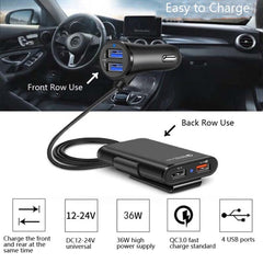 One For Four 8A Car Charger QC3.0 Fast Charge 4USB Car Front And Rear Seat Car Charger, 1PCS+Black