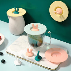 Food Grade Bunny Ears Shape Silicone Cup Lid Sealing Lid Cartoon Mug Dustproof Leak-Proof Lid, Yellow, Green, Pink