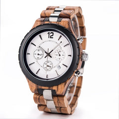 D21 Men Wooden Strap Stainless Steel Luminous Waterproof Watch, White, Black