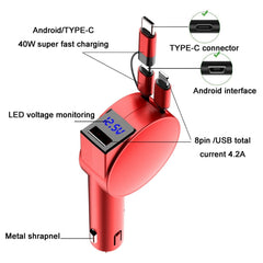 3 In 1 40W Fast Charging Dual Cable Retractable Car Charger, 40W