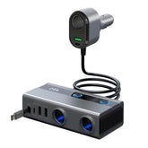 1 To 9 Car Cigarette Lighter With Independent Switches Voltage Display & Retractable Cable Car Charger, GE08