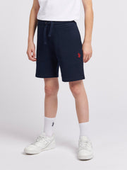 Boys Double Horsemen Sweat Short in Dark Sapphire Navy / Haute Red DHM