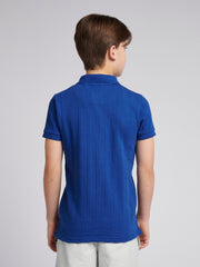 Boys Stripe Textured Zip Polo Shirt in Sodalite Blue