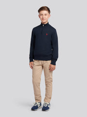 Boys Knitted Cotton Rich 1/4 Zip Dark Sapphire Navy / Haute Red DHM
