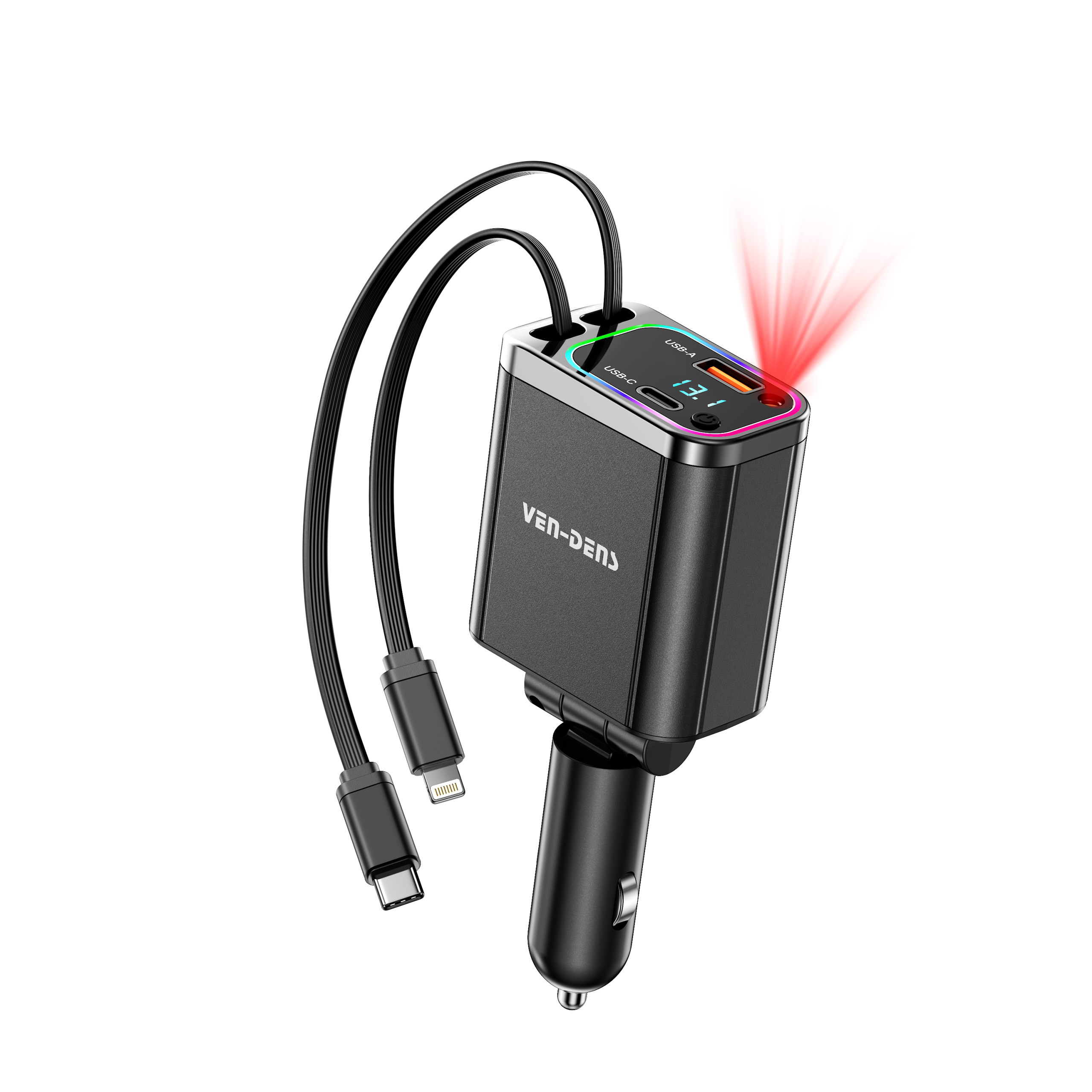 Phone Base 38W USB and Type-C dual ports car charger with Lightning and Type-C cables for fast in-car charging.