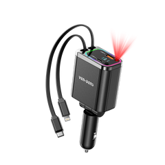 Phone Base 38W USB and Type-C dual ports car charger with Lightning and Type-C cables for fast in-car charging.
