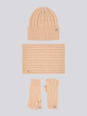 Womens Signature Cable Knit Beanie, Gloves & Scarf Set in Cuban Sand