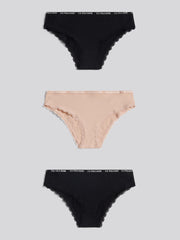 Womens 3 Pack Lace Trim Thin Waistband Bikini Brief in Black