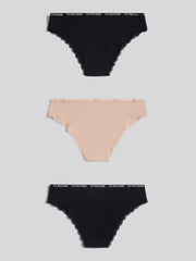 Womens 3 Pack Lace Trim Thin Waistband Bikini Brief in Black