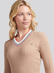 Womens Fine Cable Contrast V-Neck Jumper in Natural