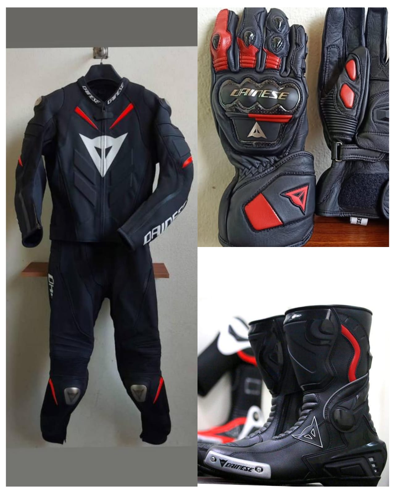 DAMOTOGEAR Super Speed D1 motorcycle leather suit with matching two-piece gloves and boots, designed for full riding protection.