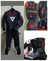 DAMOTOGEAR Super Speed D1 motorcycle leather suit with matching two-piece gloves and boots, designed for full riding protection.