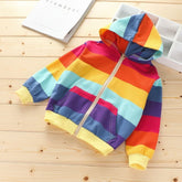 Autumn Horizontal Striped Long-sleeved Zipper Cardigan Hooded Jacket For Girls (Color:Blue Yellow Stripes Size:140cm), 100cm