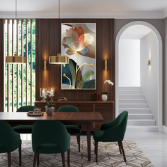 Abstract Flower Canvas Painting – Golden Lines Living Room Wall Art