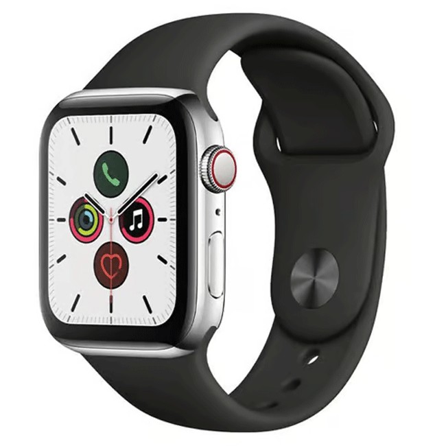 Refurbished Apple Watch Series 5 44mm Titanium Cellular smartwatch with silver titanium case, unlocked for versatile use.