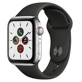 Refurbished Apple Watch Series 5 44mm Titanium Cellular smartwatch with silver titanium case, unlocked for versatile use.
