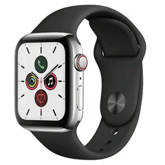 Refurbished Apple Watch Series 5 44mm Titanium Cellular smartwatch with silver titanium case, unlocked for versatile use.