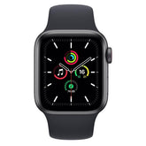 Refurbished Apple Watch SE 2020 40mm smartwatch with black band, displayed on a white background.