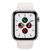 Apple Watch Series 5 44mm stainless steel cellular smartwatch with unlocked connectivity, displayed on a white background.