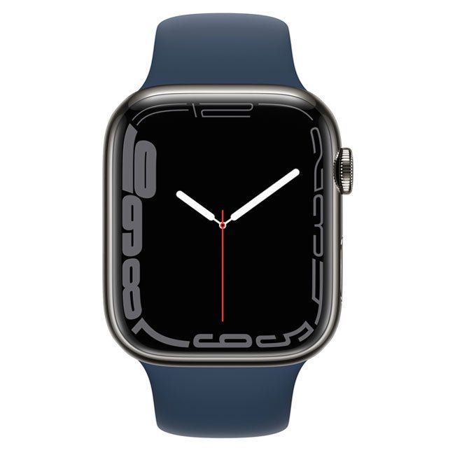 Refurbished Apple Watch Series 7 45mm cellular stainless steel smartwatch with digital display and unlocked functionality.