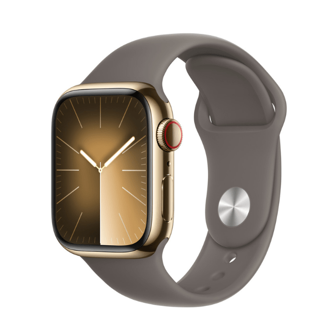 Apple Watch Series 9 41mm Cellular Stainless Steel smartwatch with digital display and sleek stainless steel band, unlocked for use.