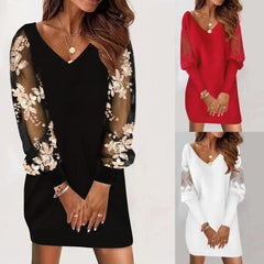 Elegant Long-Sleeved V-Neck Lace Splicing Dress for Women
