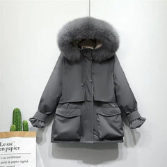 women's winter jacket with fox fur hood in gray, featuring a large natural fox fur hood and practical pockets.