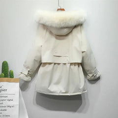 women's winter jacket with fox fur hood in elegant white design with large natural fox fur collar.